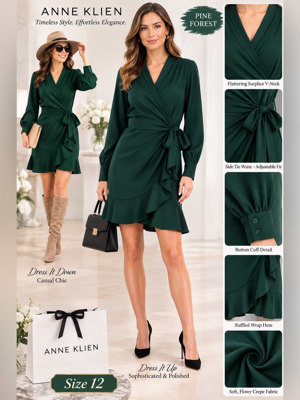 Anne Klein Dark Green Long-Sleeve Wrap Dress